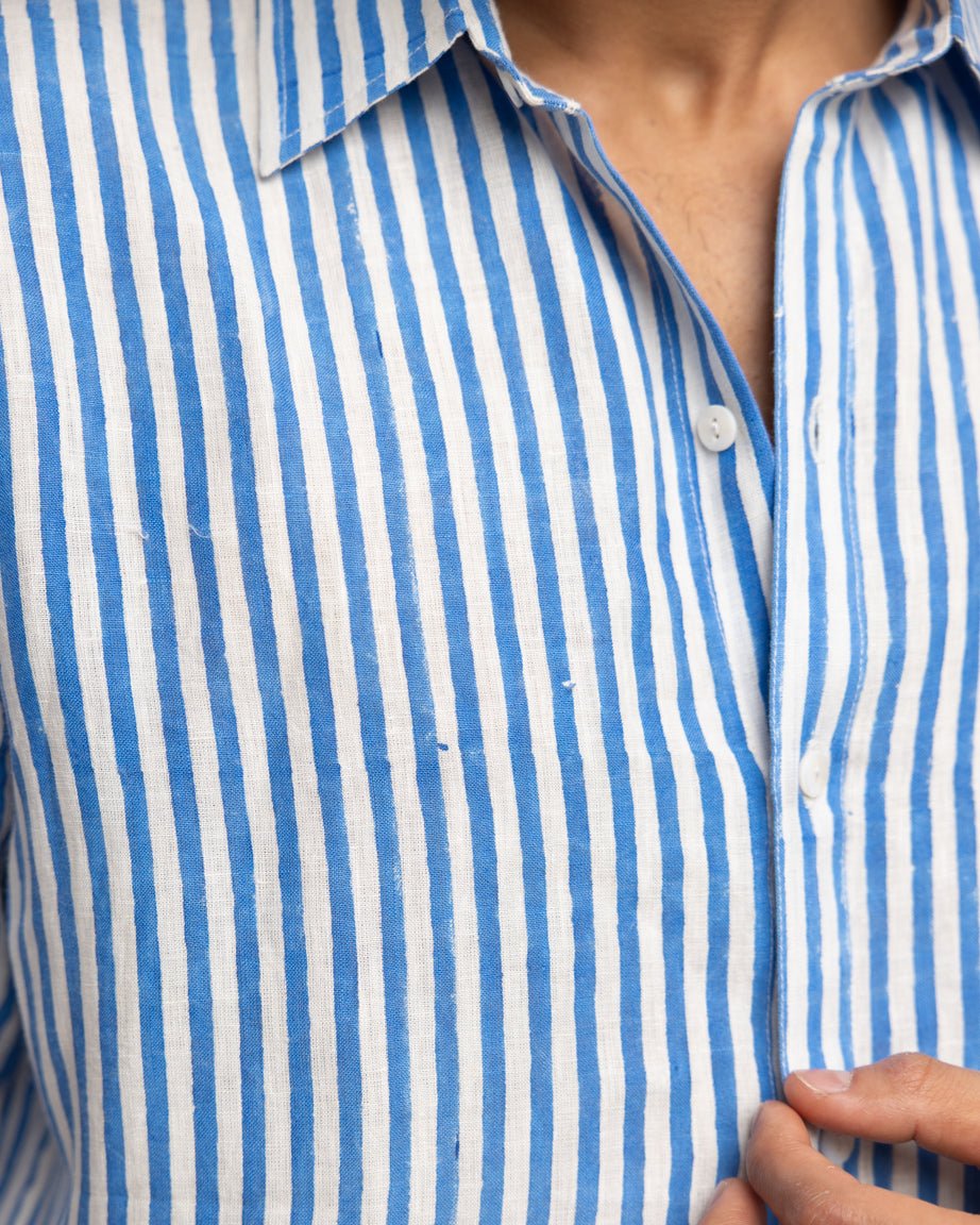 Saras Blue Stripe men's linen shirt, hand block printed stripe on handloomed linen, classic collar, Doon Threads