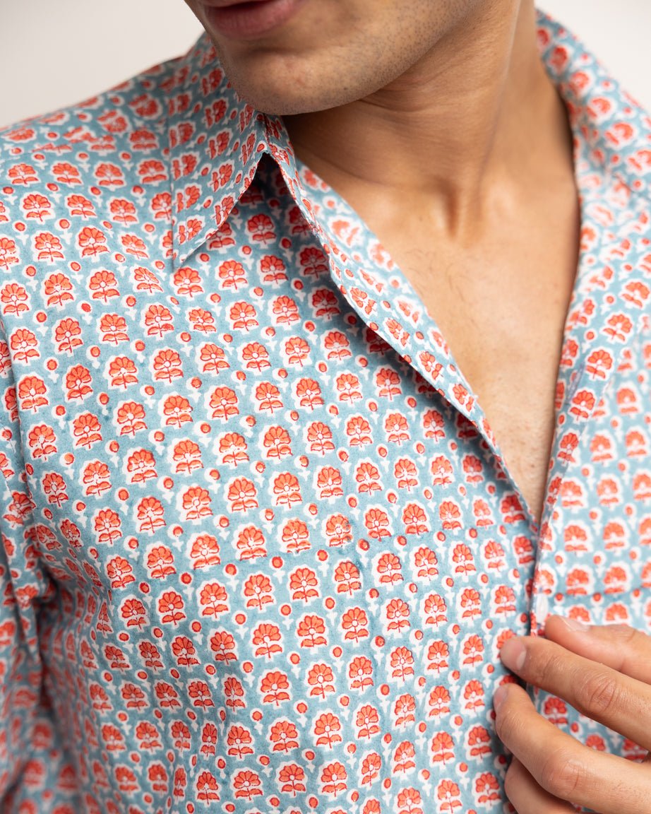 CLASSIC SHIRT - DUSTY BLUE & CORAL BUTI,Shirt,