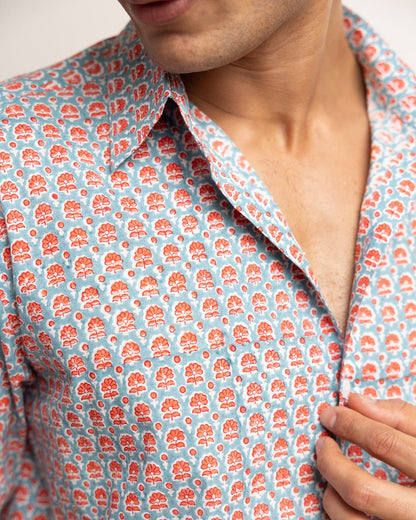 CLASSIC SHIRT - DUSTY BLUE & CORAL BUTI,Shirt,