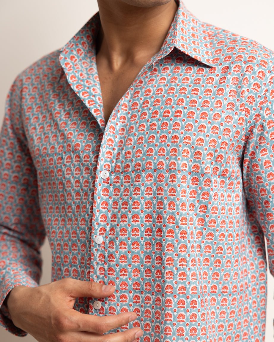 CLASSIC SHIRT - DUSTY BLUE & CORAL BUTI,Shirt,