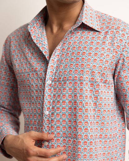 CLASSIC SHIRT - DUSTY BLUE & CORAL BUTI,Shirt,
