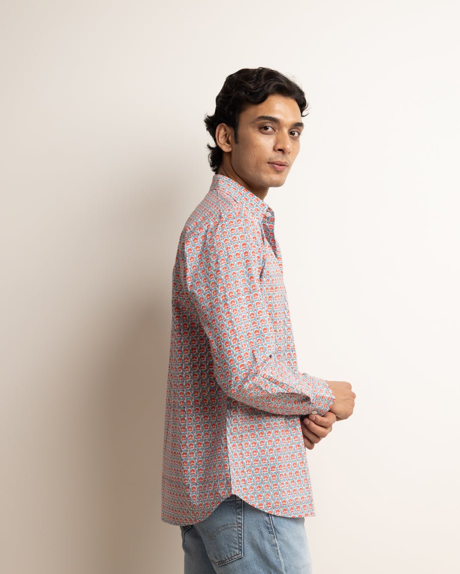 CLASSIC SHIRT - DUSTY BLUE & CORAL BUTI,Shirt,