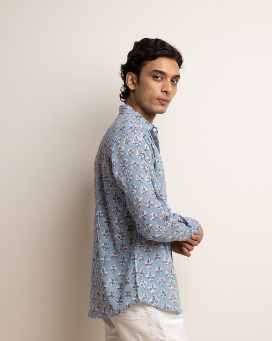 CLASSIC SHIRT — SKY BLUE WITH BLUE FLOWERS,Shirt,